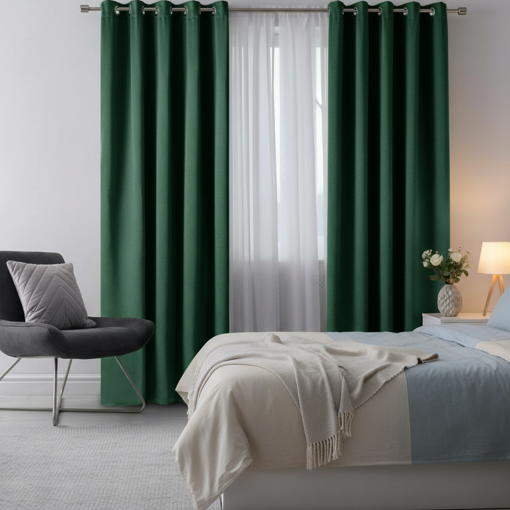 Draperie Blackout Verde Smarald cu Inele Argintii 140x244 cm – Opacitate 90%