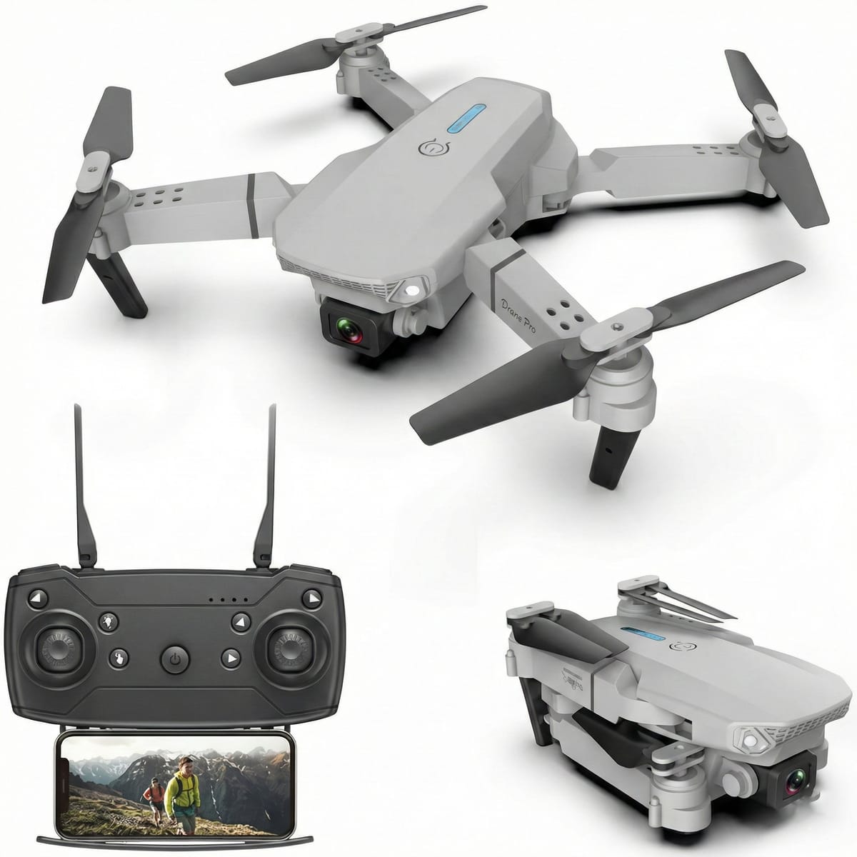 Drona profesională 4K HD Camera duala, WiFi, brate pliabile si transmisie live pe telefon, model E88 Pro, gri