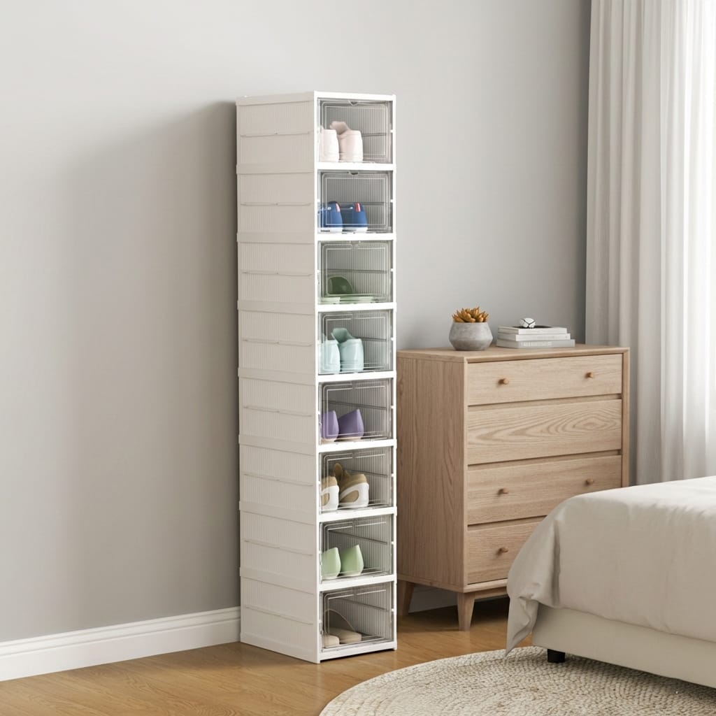 Dulap modular pantofi cu 9 cutii stivuibile, 26x35x140 cm, alb, ventilație eficientă