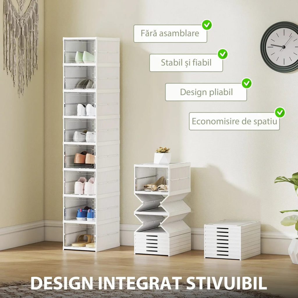 Dulap modular pantofi cu 9 cutii stivuibile, 26x35x140 cm, alb, ventilație eficientă