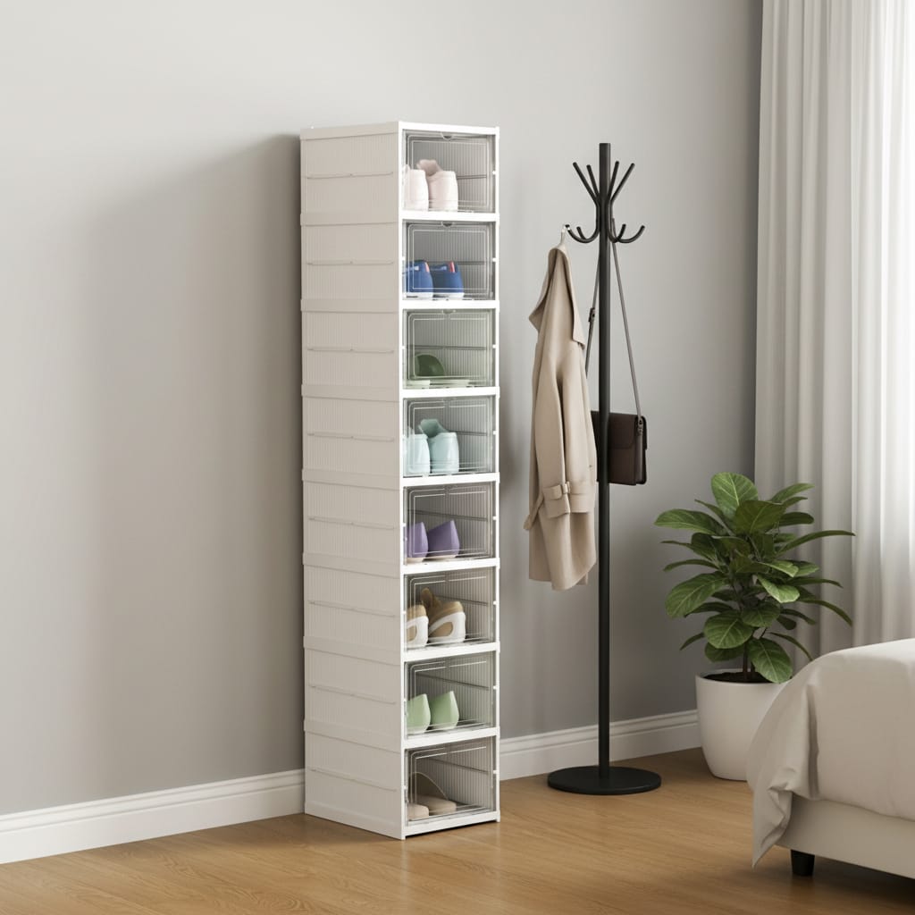 Dulap modular pantofi cu 9 cutii stivuibile, 26x35x140 cm, alb, ventilație eficientă