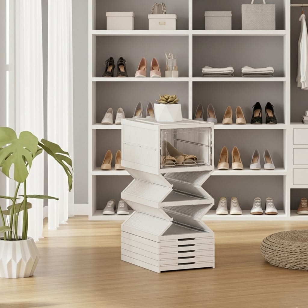 Dulap modular pantofi cu 9 cutii stivuibile, 26x35x140 cm, alb, ventilație eficientă