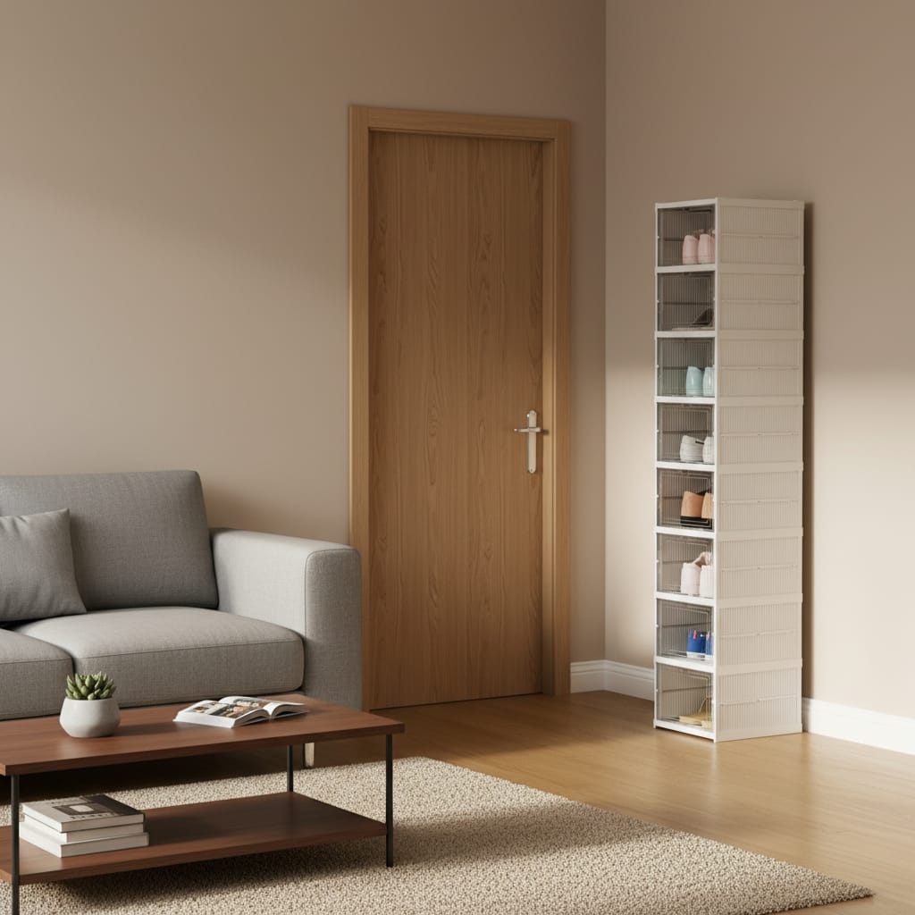 Dulap modular pantofi cu 9 cutii stivuibile, 26x35x140 cm, alb, ventilație eficientă