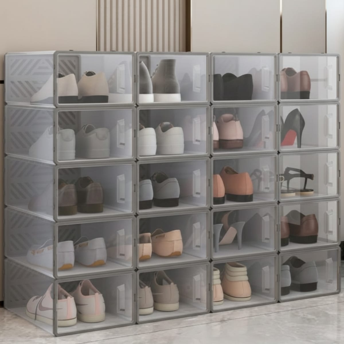 Dulap pentru pantofi modular, cu orificii de ventilatie, 10 cuburi, transparente, stivuibile