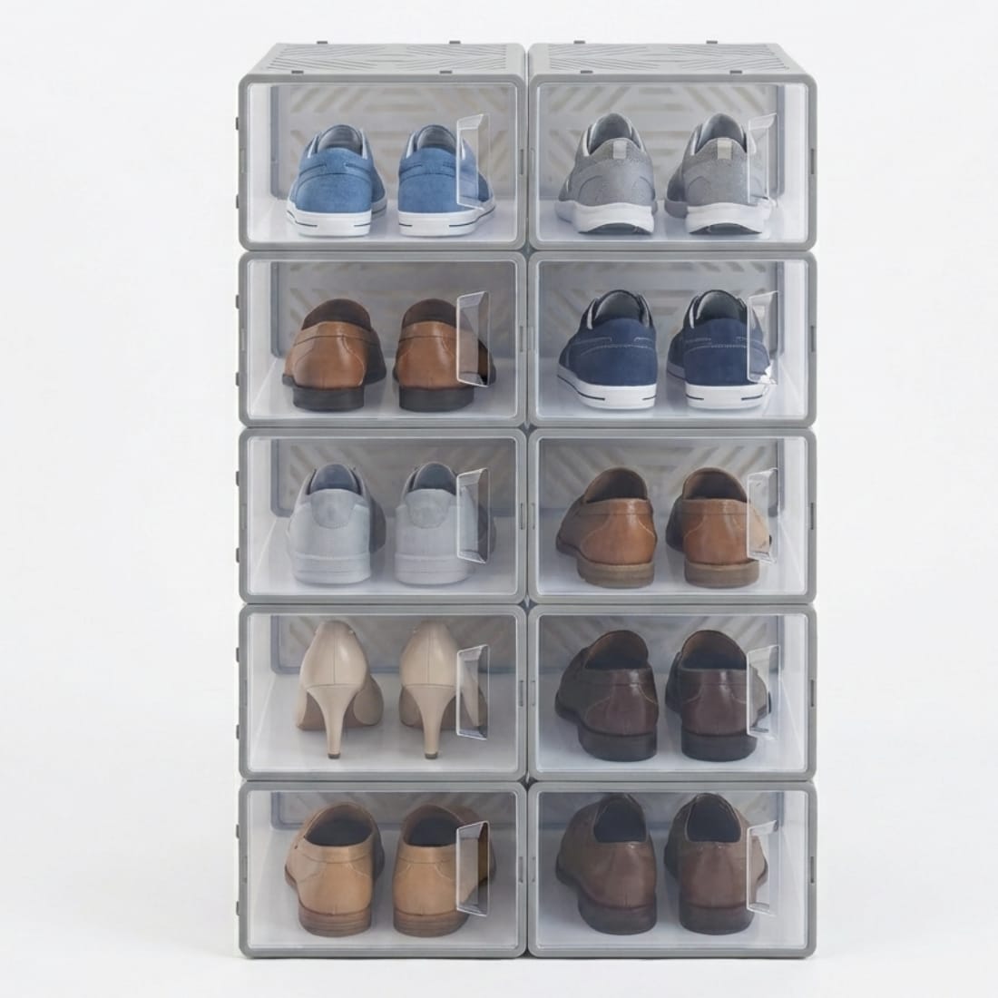 Dulap pentru pantofi modular, cu orificii de ventilatie, 10 cuburi, transparente, stivuibile