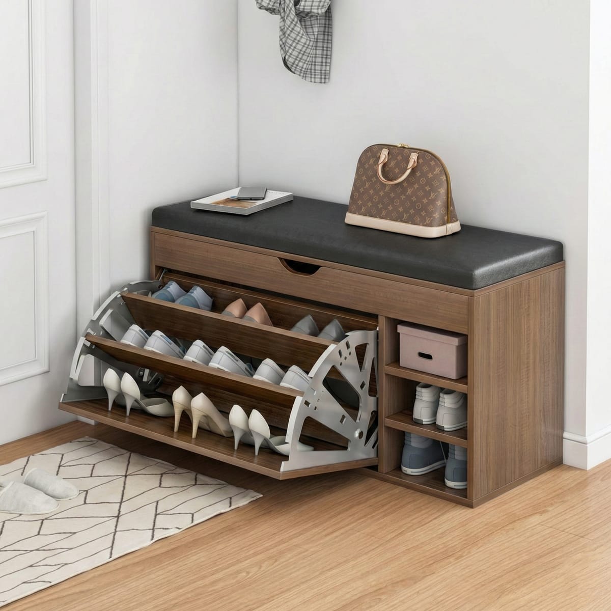 Dulap pentru pantofi tip bancheta cu Rafturi, Alb/Maro, 80 x 34 x 50 cm