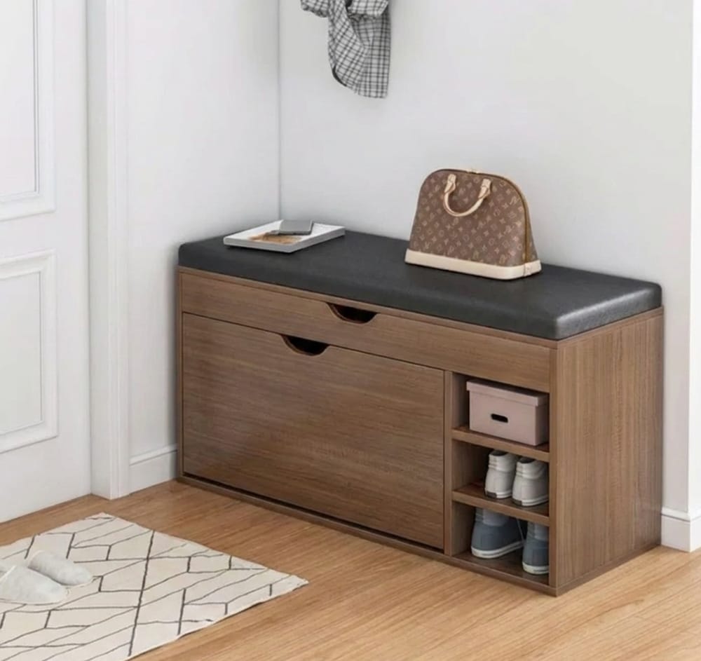 Dulap pentru pantofi tip bancheta cu Rafturi, Alb/Maro, 80 x 34 x 50 cm