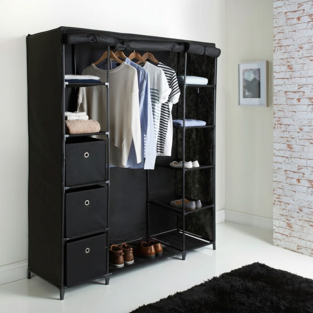 Dulap XXL pentru haine din material textil si schelet metalic, 12 rafturi (11 + 1 spatiu pentru umerase haine), culoare Neagra