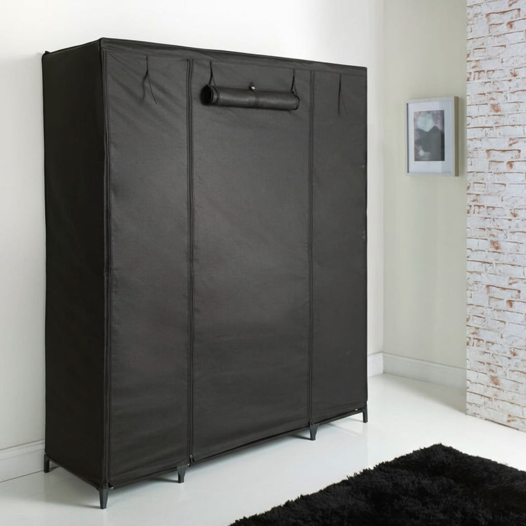 Dulap XXL pentru haine din material textil si schelet metalic, 12 rafturi (11 + 1 spatiu pentru umerase haine), culoare Neagra