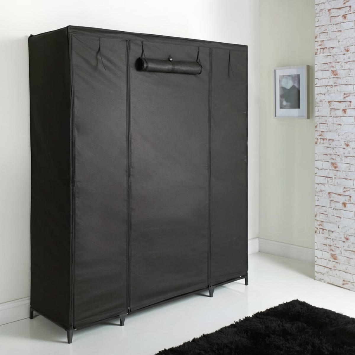 Dulap XXL pentru haine din material textil si schelet metalic, 12 rafturi (11 + 1 spatiu pentru umerase haine), culoare Neagra