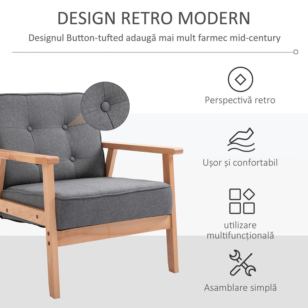 Fotoliu vintage stil scandinav, moale si confortabil, capitonat cu butoni, 64,5x70x74 cm, gri