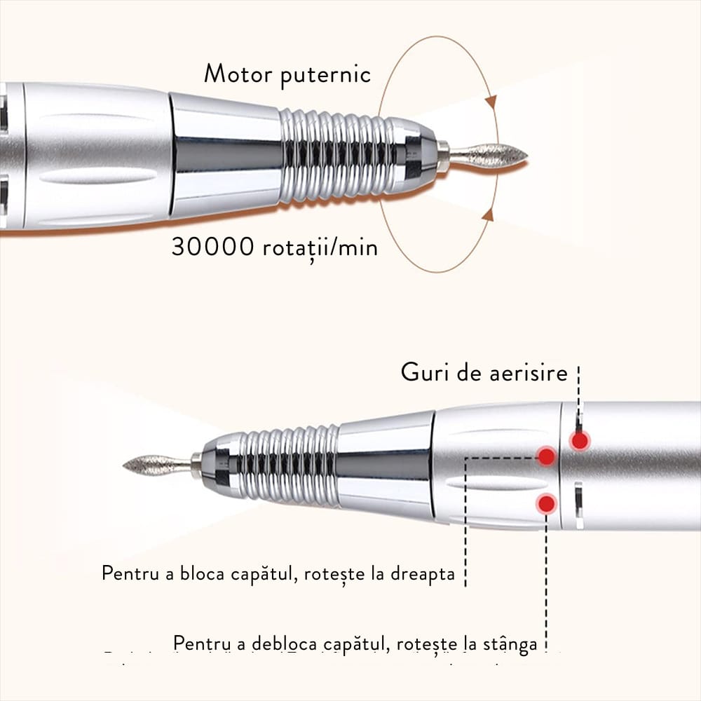Freză unghii profesionala 30,000 RPM, pila electrica unghii, 6 capete
