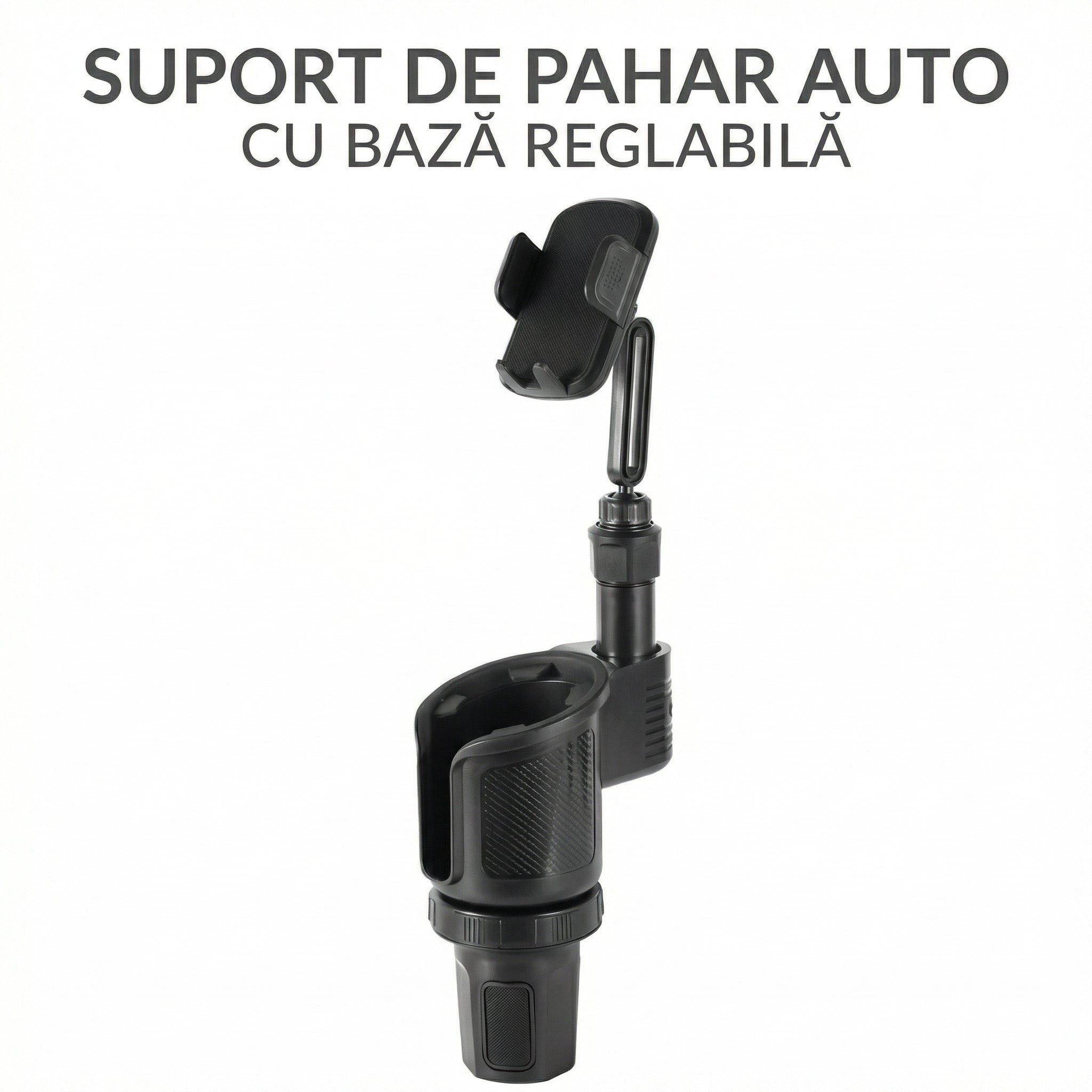 Suport Auto pentru Telefon cu Extensie pentru Suportul de Pahar – Rotire 360°, Multifuncțional