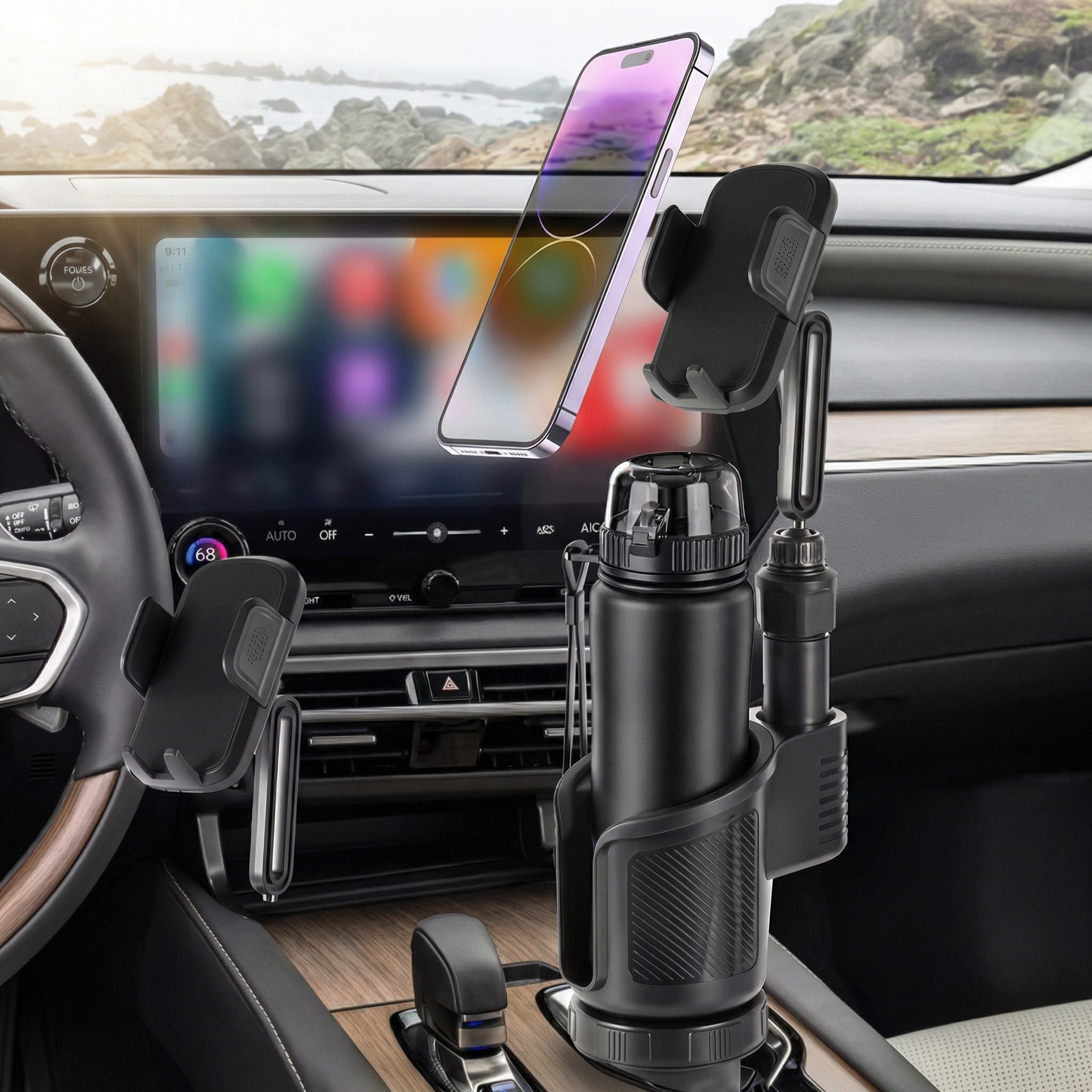 Suport Auto pentru Telefon cu Extensie pentru Suportul de Pahar – Rotire 360°, Multifuncțional