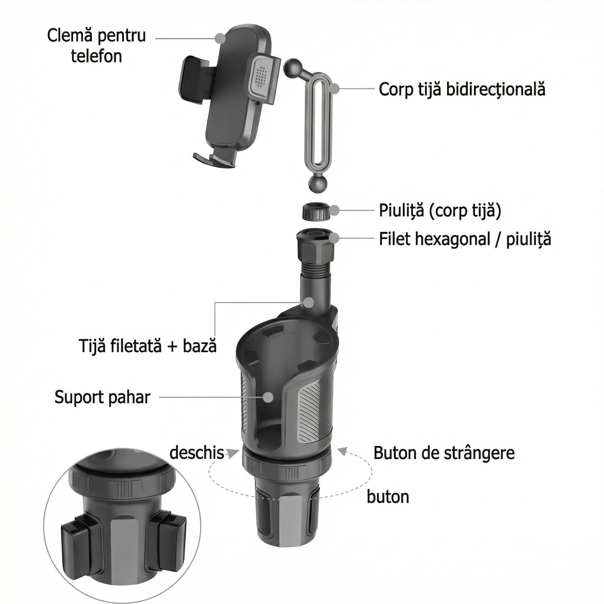 Suport Auto pentru Telefon cu Extensie pentru Suportul de Pahar – Rotire 360°, Multifuncțional