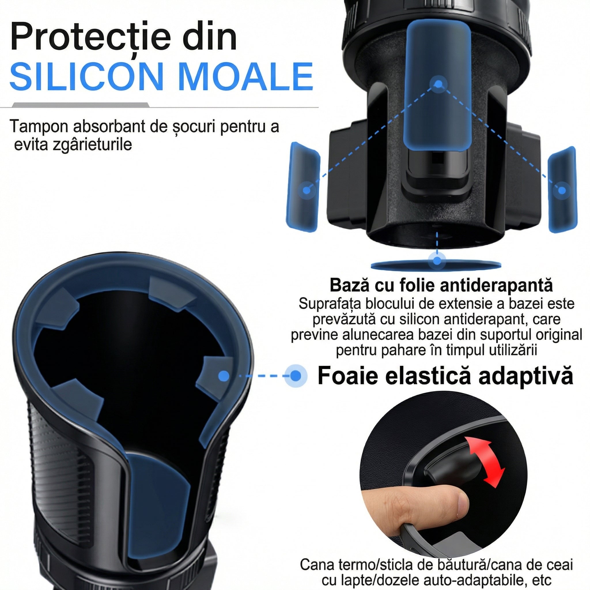 Suport Auto pentru Telefon cu Extensie pentru Suportul de Pahar – Rotire 360°, Multifuncțional