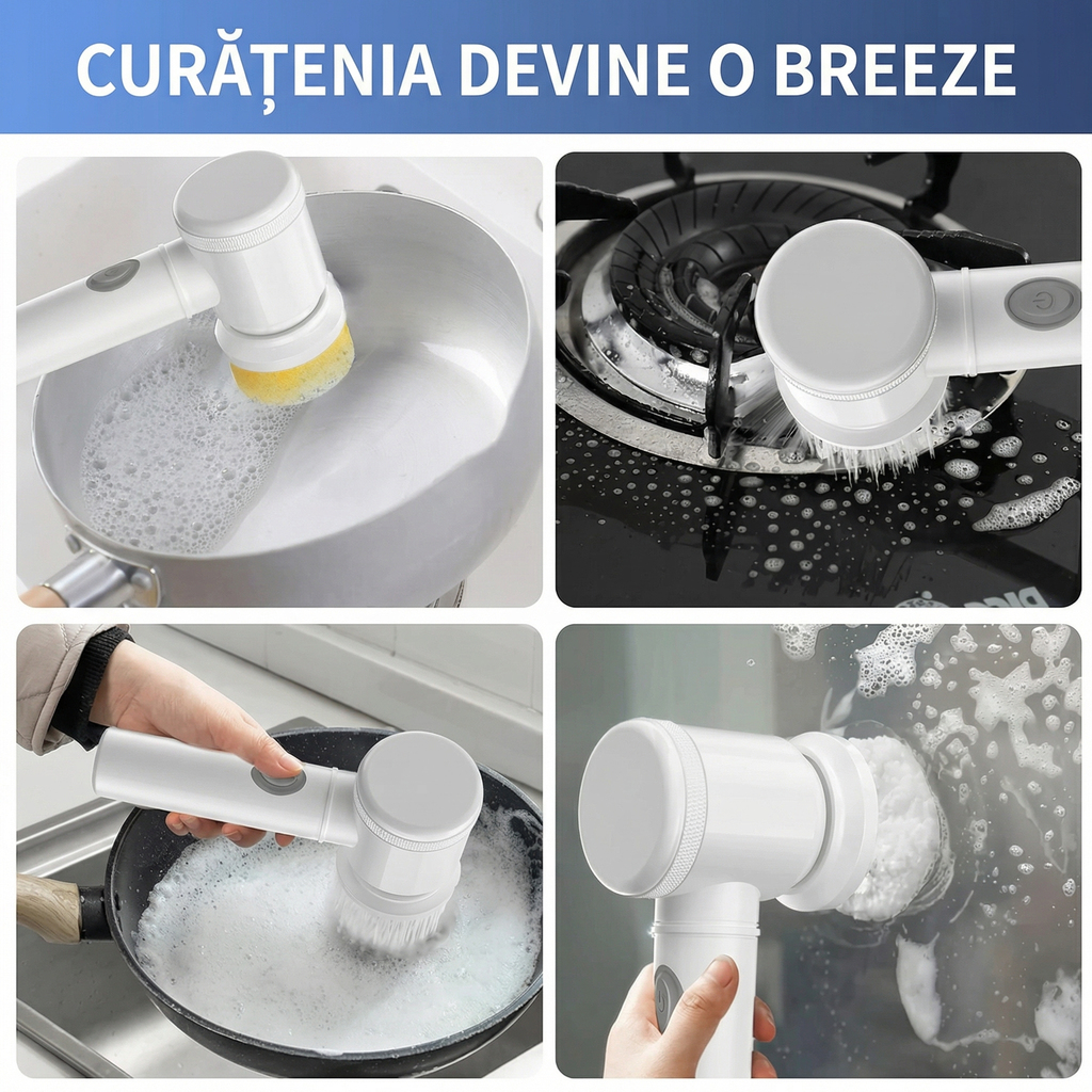 Set Perie Electrică Multifuncțională, 4 Capete de Curățare
