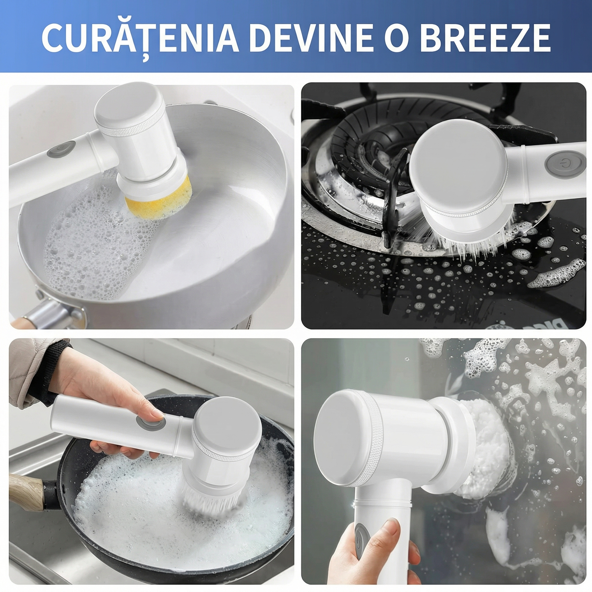 Set Perie Electrică Multifuncțională, 4 Capete de Curățare