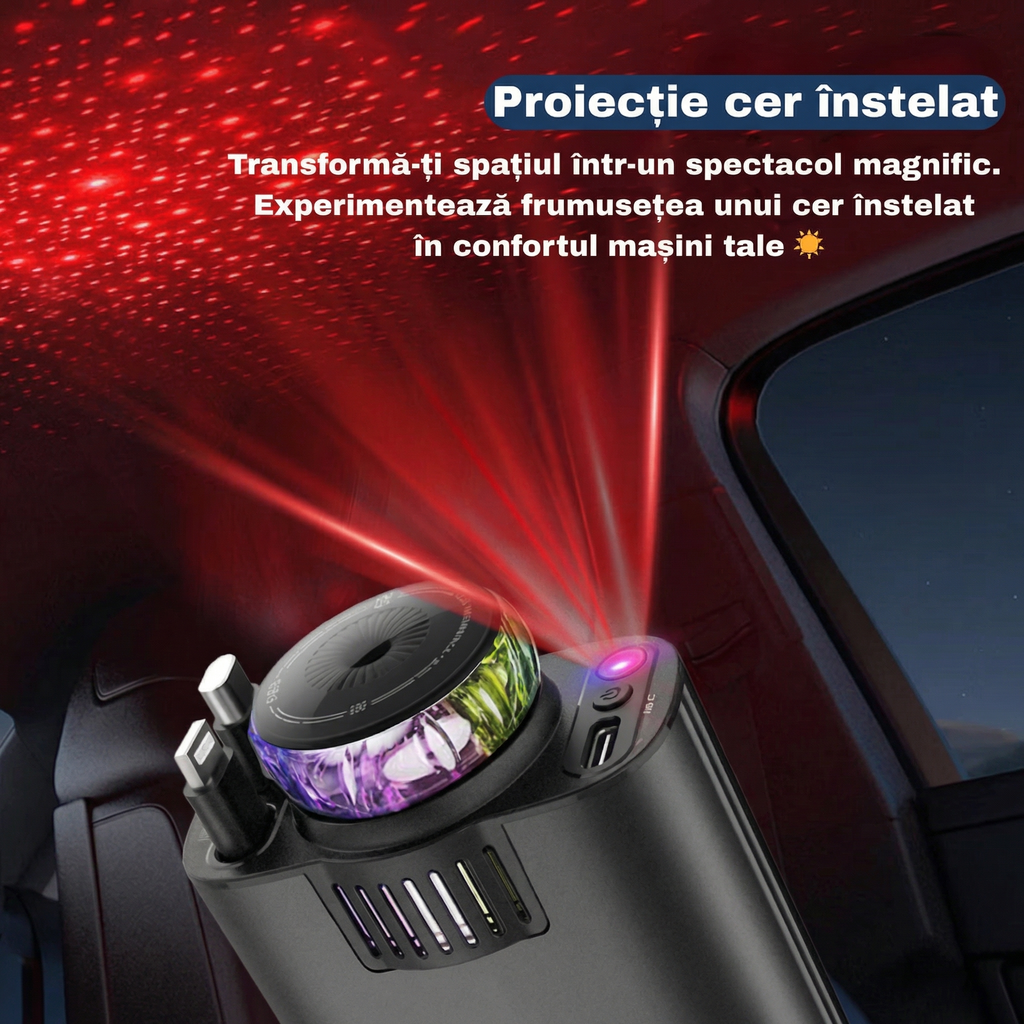 Încărcător Auto 5-în-1 „Cerul Înstelat” – Încărcare Rapidă, Aromaterapie, Ventilator