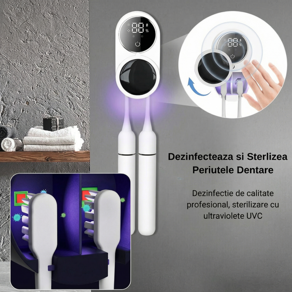 Sterilizator UV-C Inteligent pentru Periuțe de Dinți – Dezinfectare Automată 24/7, Uscare și Display HD