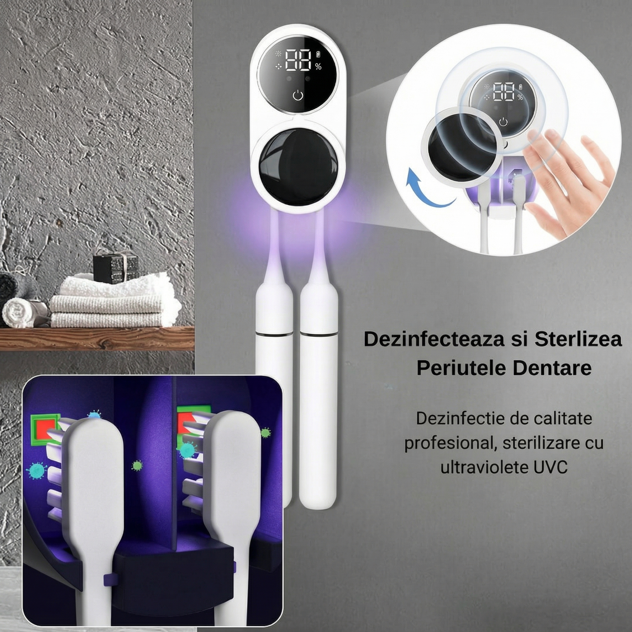 Sterilizator UV-C Inteligent pentru Periuțe de Dinți – Dezinfectare Automată 24/7, Uscare și Display HD