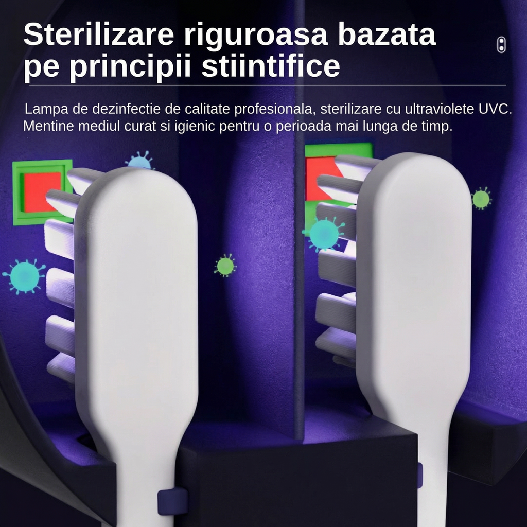 Sterilizator UV-C Inteligent pentru Periuțe de Dinți – Dezinfectare Automată 24/7, Uscare și Display HD