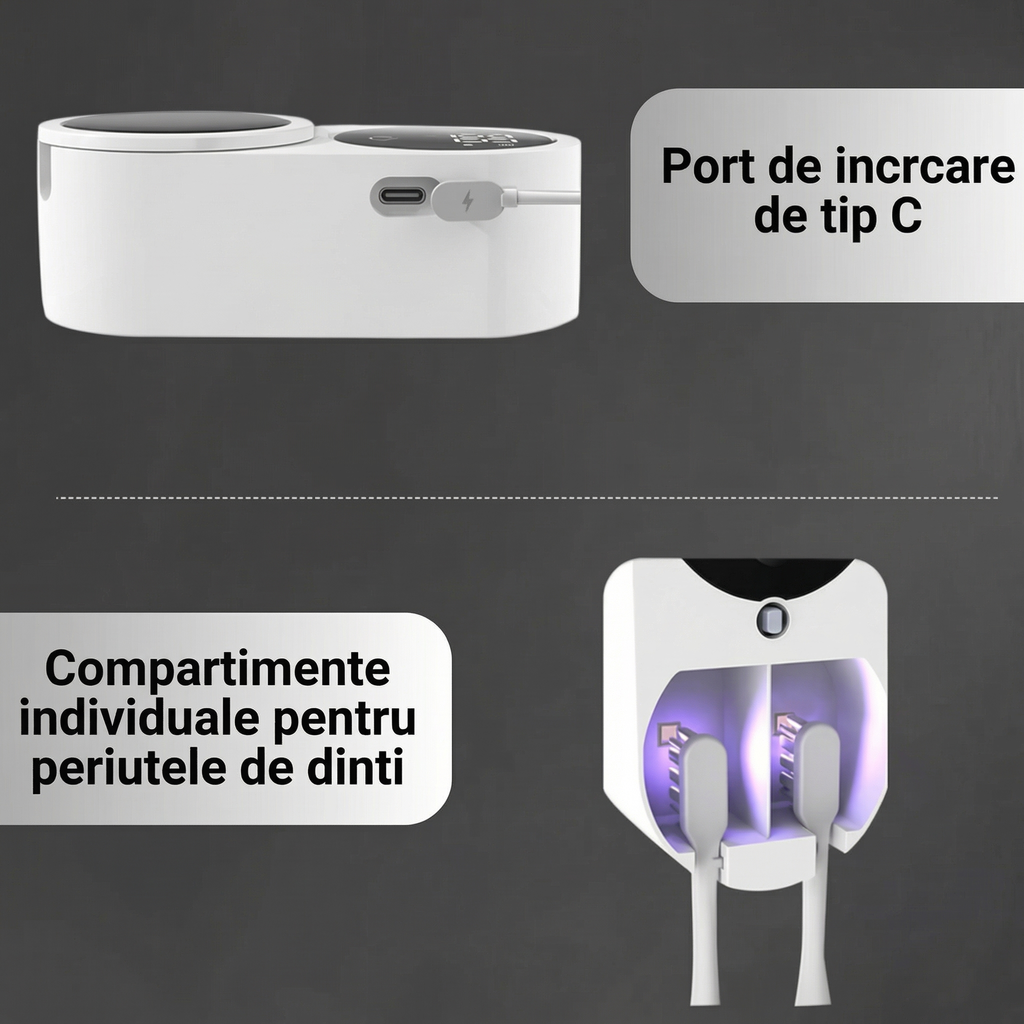 Sterilizator UV-C Inteligent pentru Periuțe de Dinți – Dezinfectare Automată 24/7, Uscare și Display HD