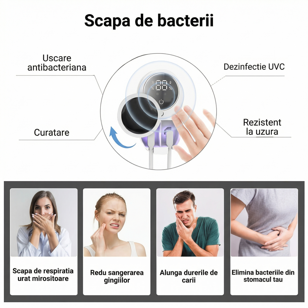 Sterilizator UV-C Inteligent pentru Periuțe de Dinți – Dezinfectare Automată 24/7, Uscare și Display HD