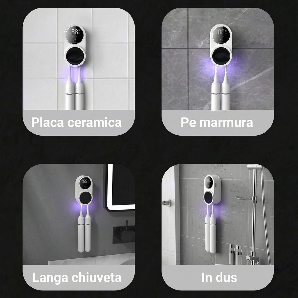 Sterilizator UV-C Inteligent pentru Periuțe de Dinți – Dezinfectare Automată 24/7, Uscare și Display HD