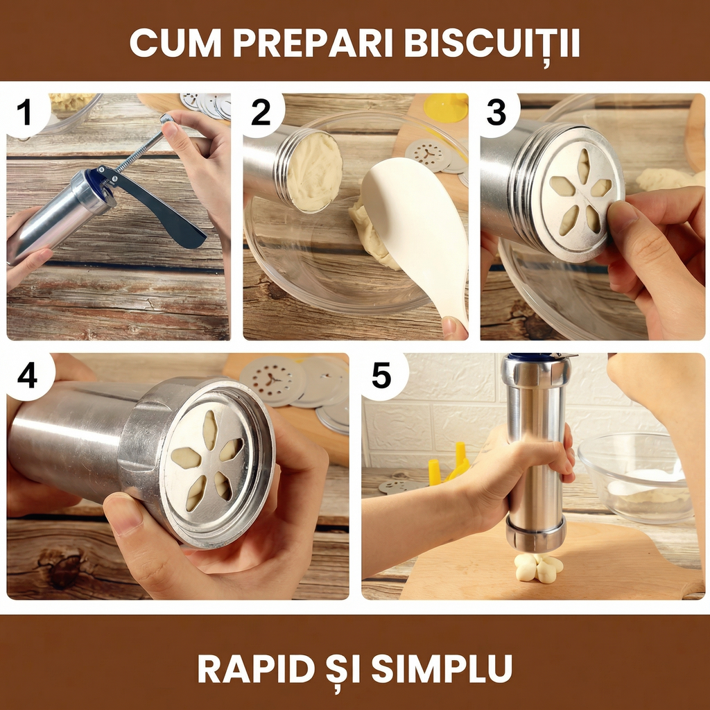 Aparat Pentru Biscuiți Și Cookie-uri cu 20 De Șabloane Și 4 Extensii Pentru Creme
