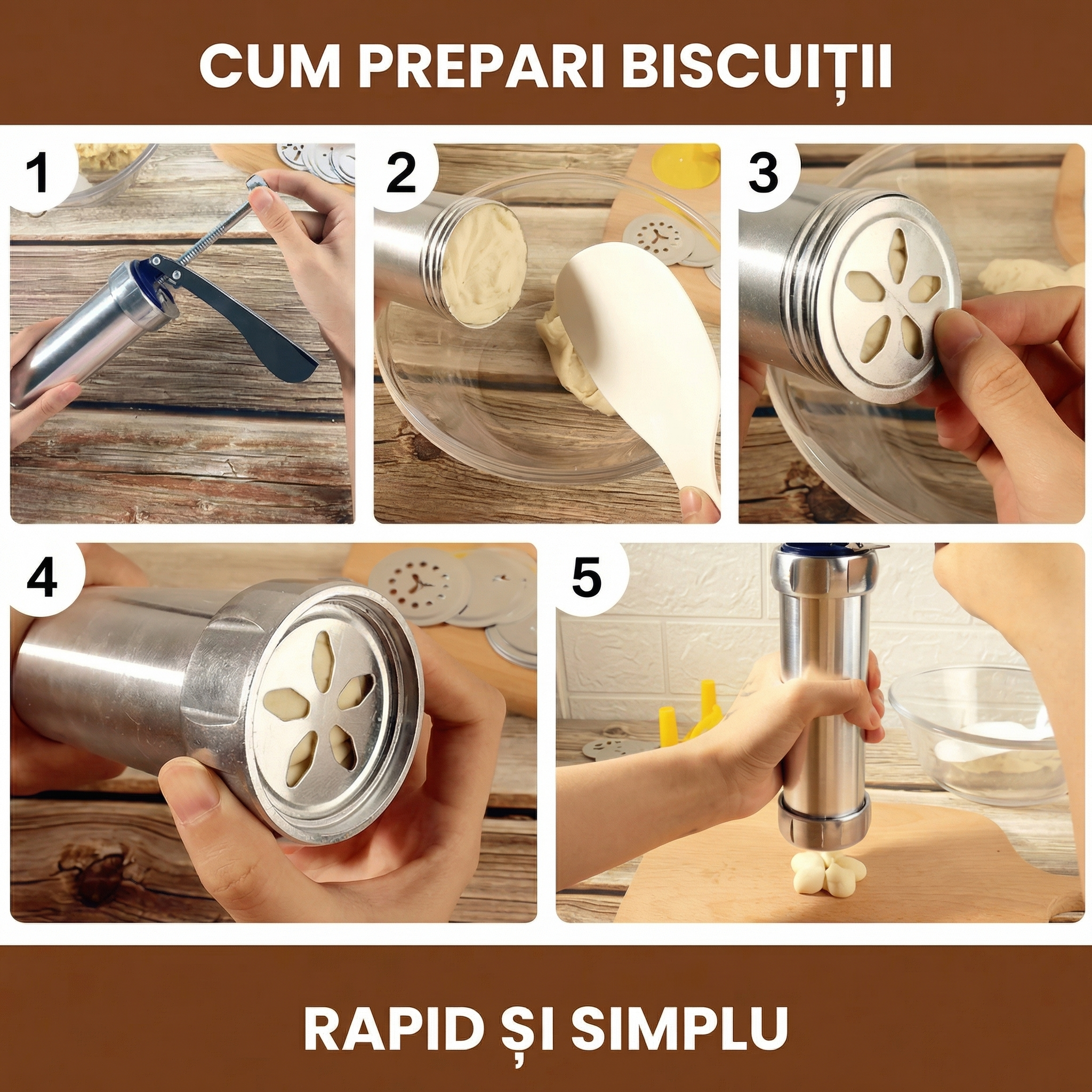 Aparat Pentru Biscuiți Și Cookie-uri cu 20 De Șabloane Și 4 Extensii Pentru Creme