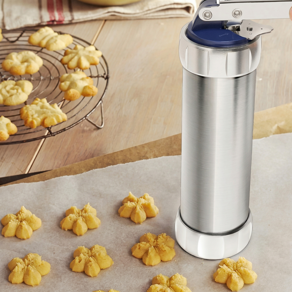 Aparat Pentru Biscuiți Și Cookie-uri cu 20 De Șabloane Și 4 Extensii Pentru Creme
