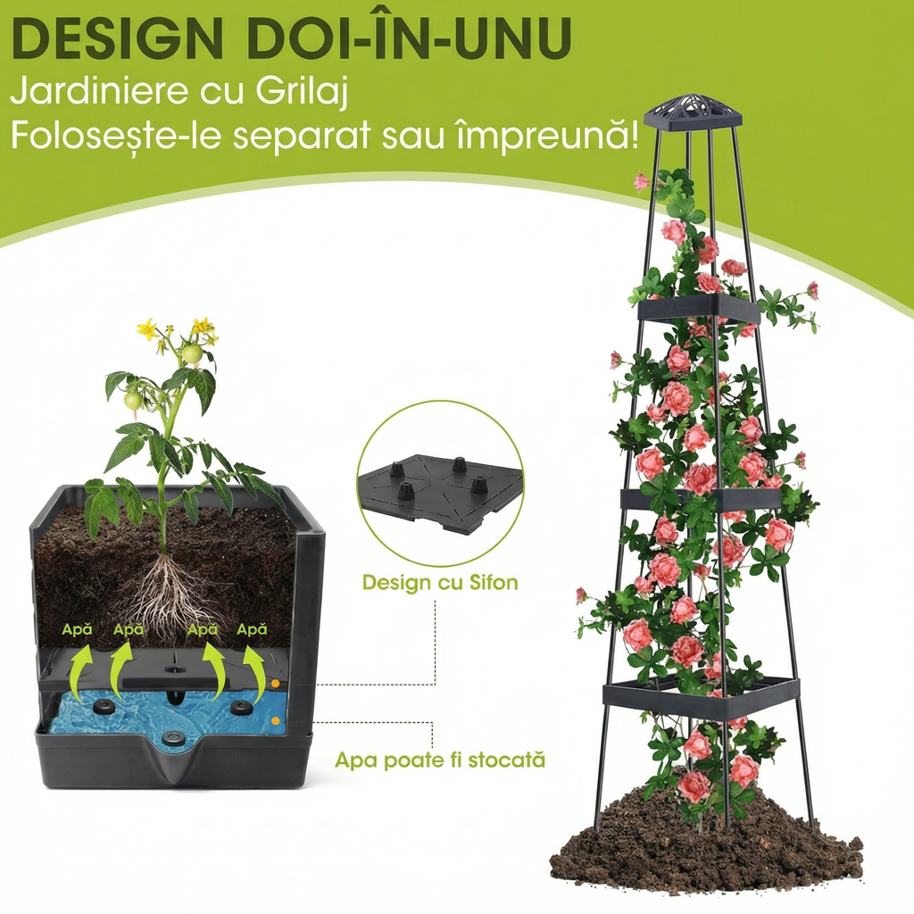 Ghiveci cu Sistem de Udare Automată pentru Plante Cățărătoare