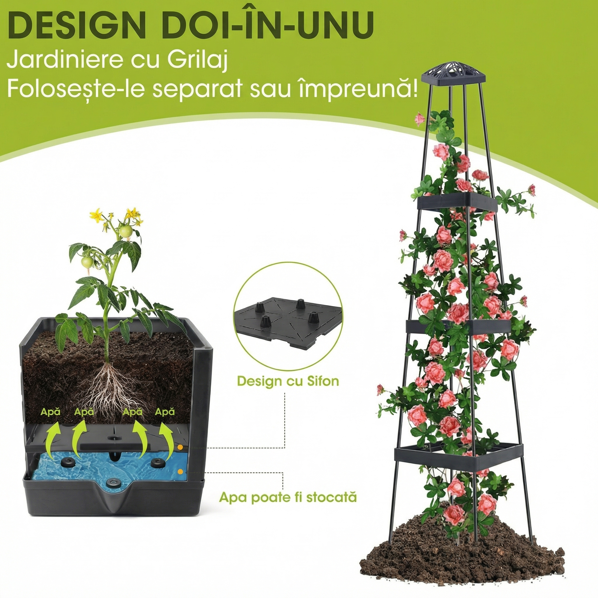 Ghiveci cu Sistem de Udare Automată pentru Plante Cățărătoare
