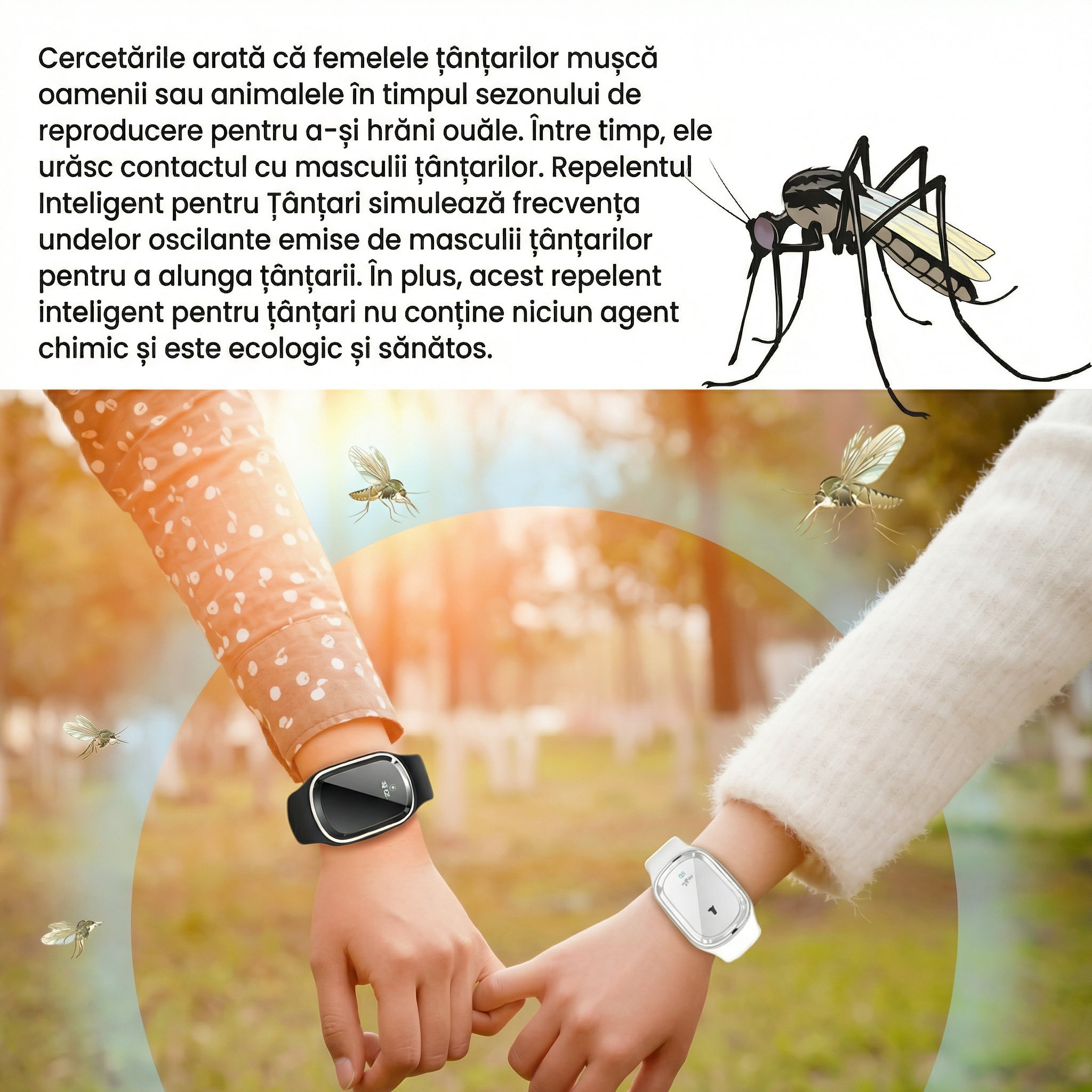 Brățară cu Ultrasunete Împotriva Țânțarilor cu Efect Repelent și Funcție de Ceas