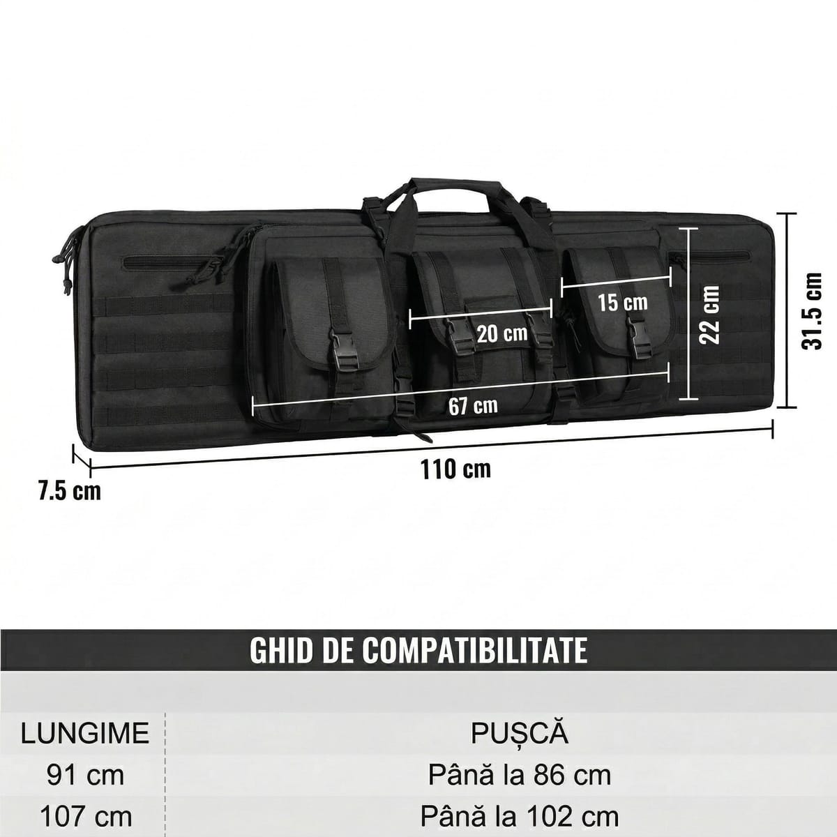 Geanta Dubla cu suport pentru arma/pusca  – 106 cm, Protectie EVA si Sistem Molle