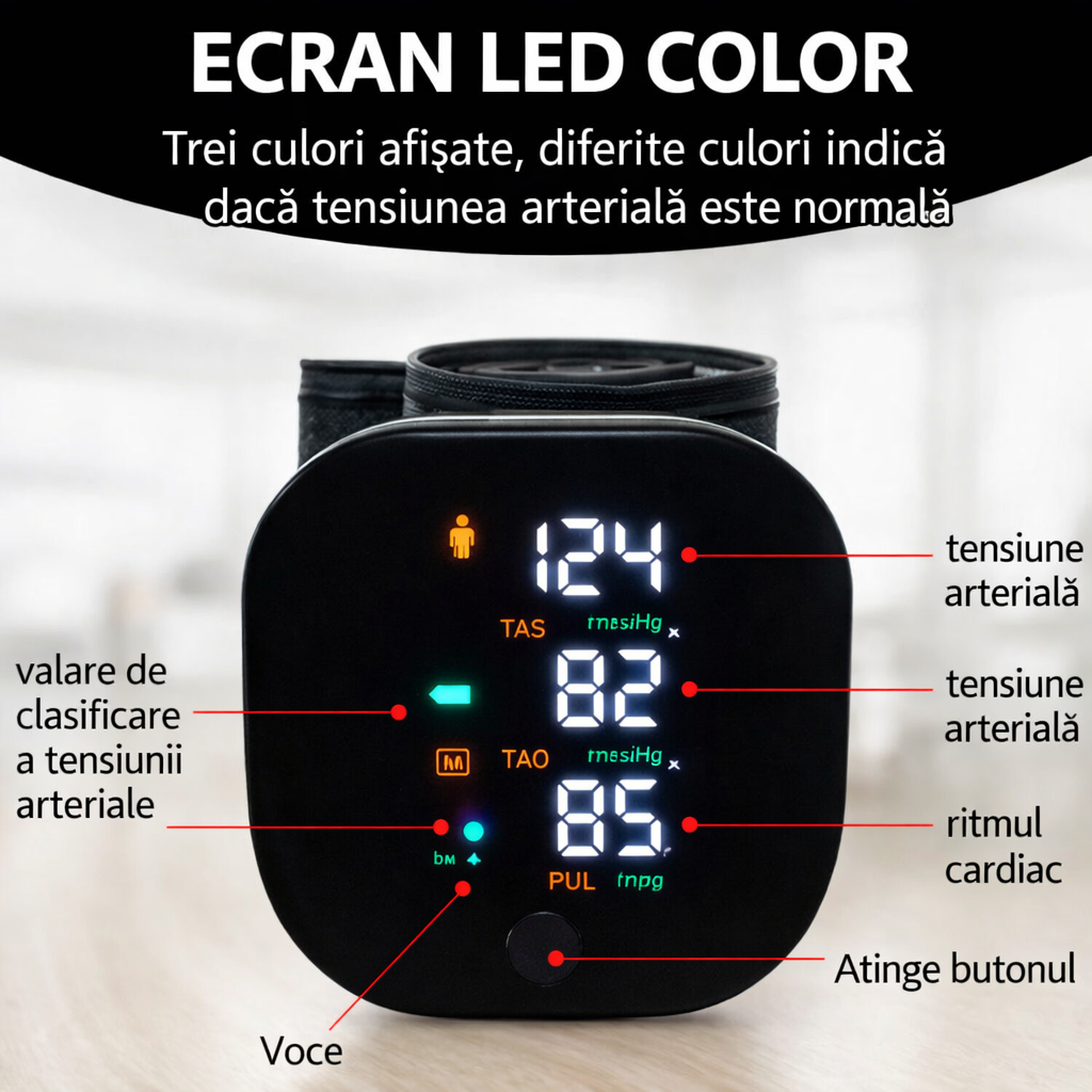 Tensiometru Electronic de Încheietură, Afișaj LED Color