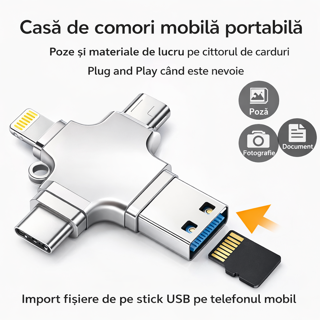 Cititor de Carduri Compatibil cu iPhone, iPad, USB C și Lightning