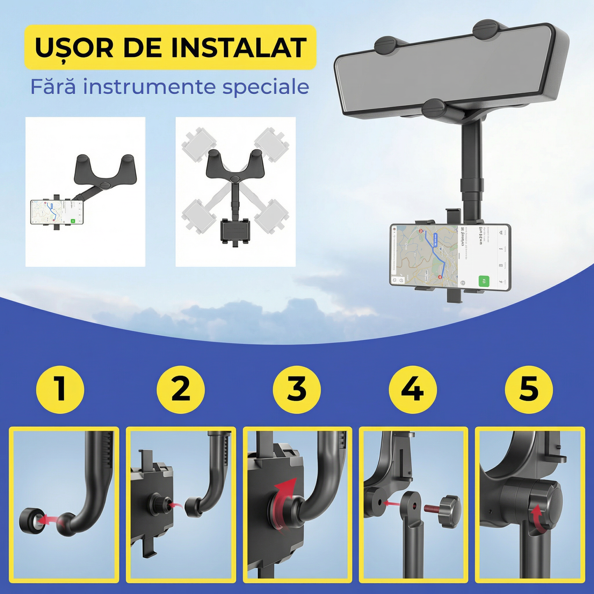 Suport Auto pentru Telefon Rotativ 360° și Retractabil