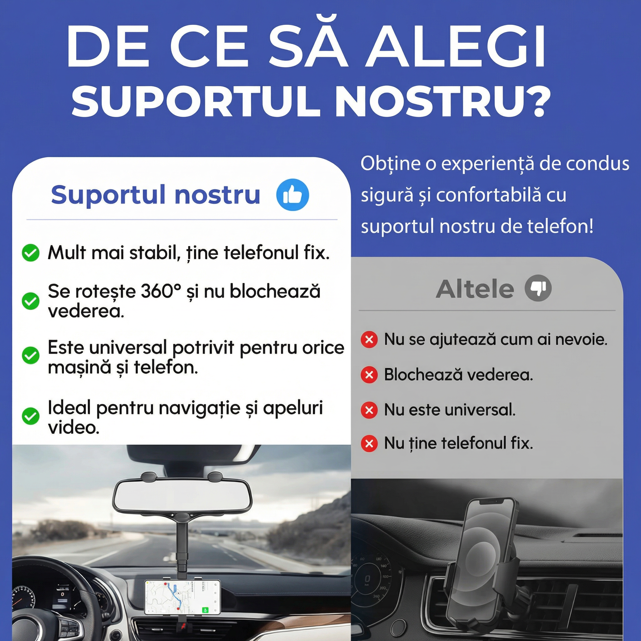 Suport Auto pentru Telefon Rotativ 360° și Retractabil