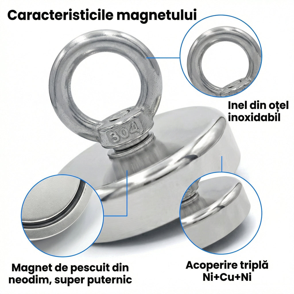 Magnet Super Puternic pentru Pescuit și Recuperare Obiecte, cu Orificiu Îngropat și Inel de Prindere