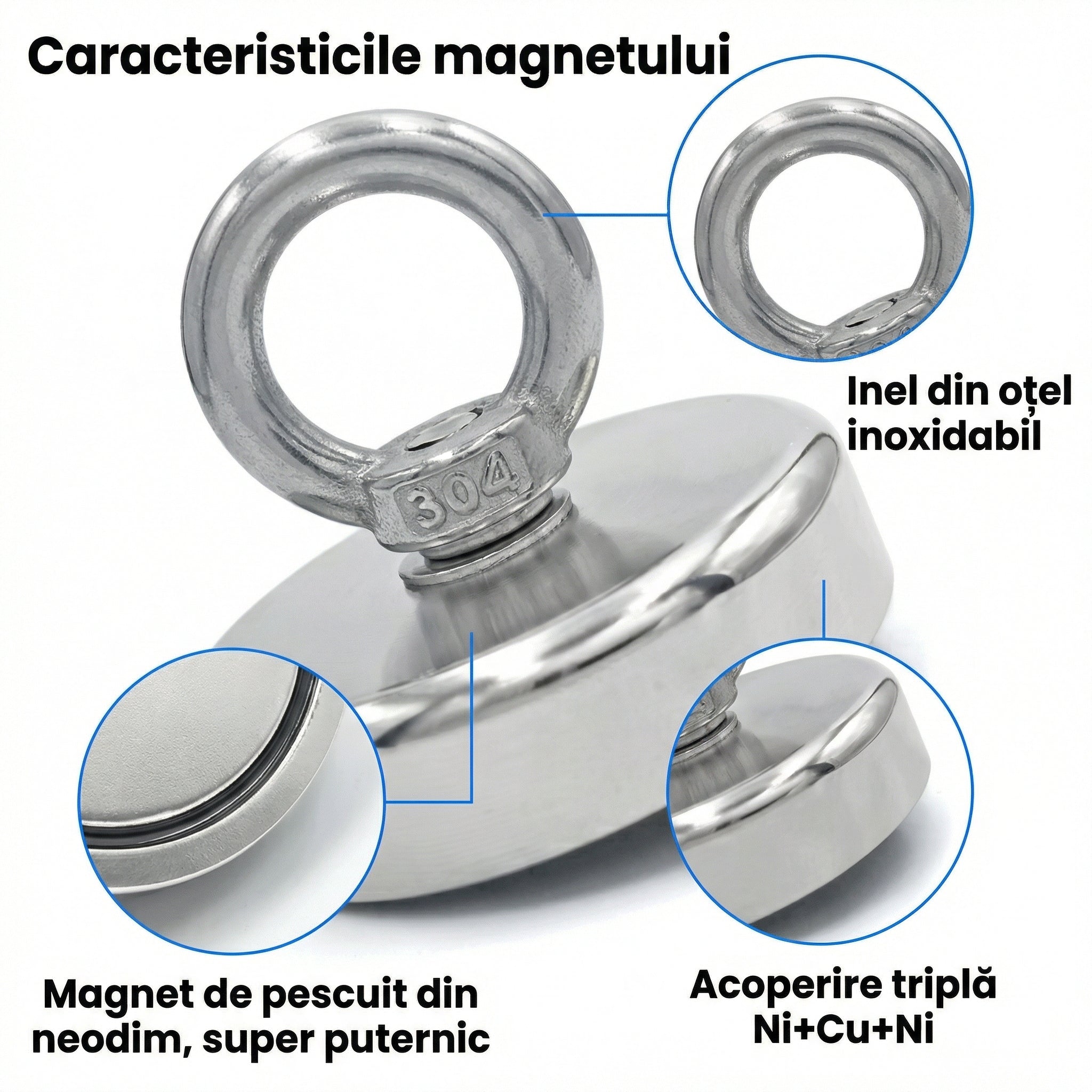 Magnet Super Puternic pentru Pescuit și Recuperare Obiecte, cu Orificiu Îngropat și Inel de Prindere