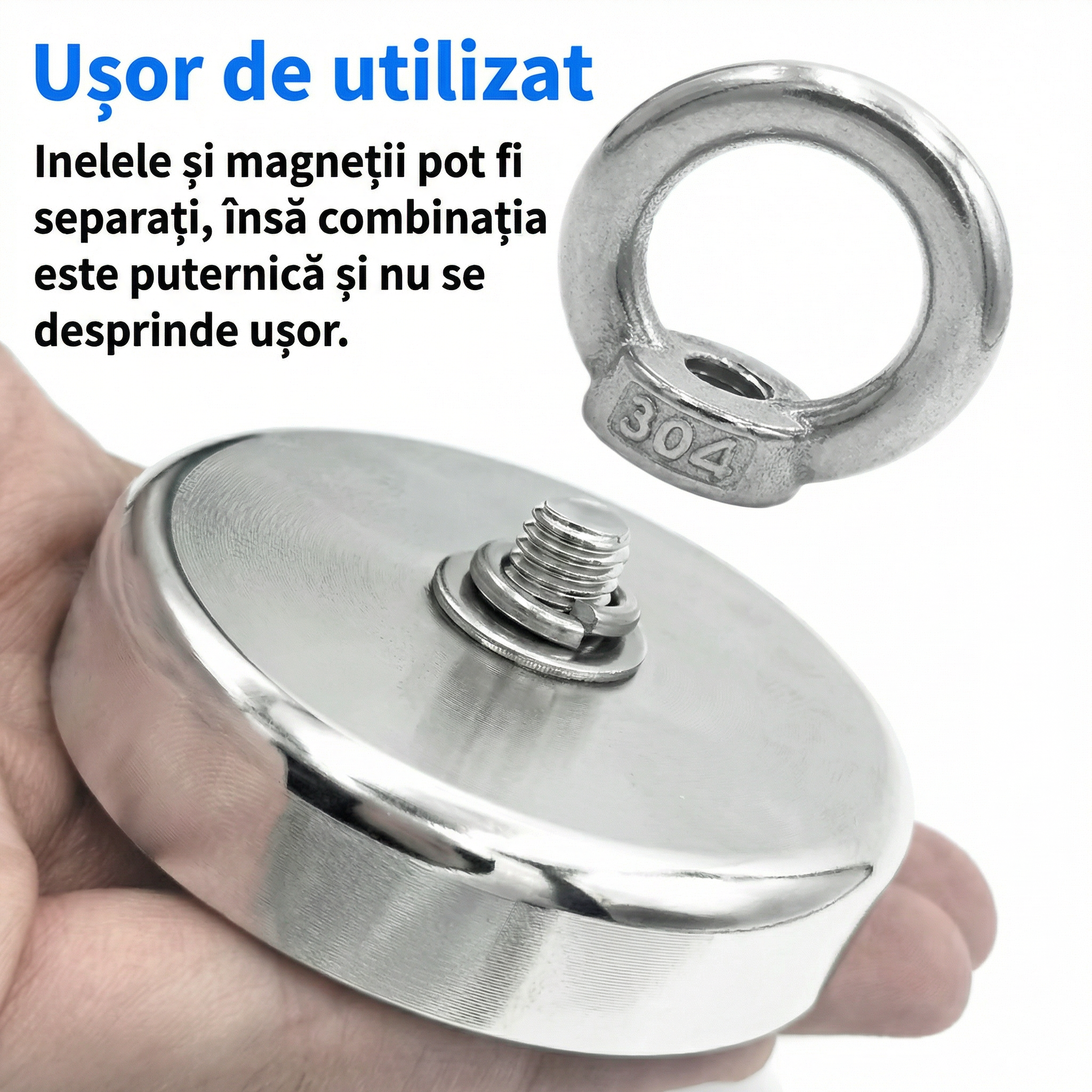 Magnet Super Puternic pentru Pescuit și Recuperare Obiecte, cu Orificiu Îngropat și Inel de Prindere