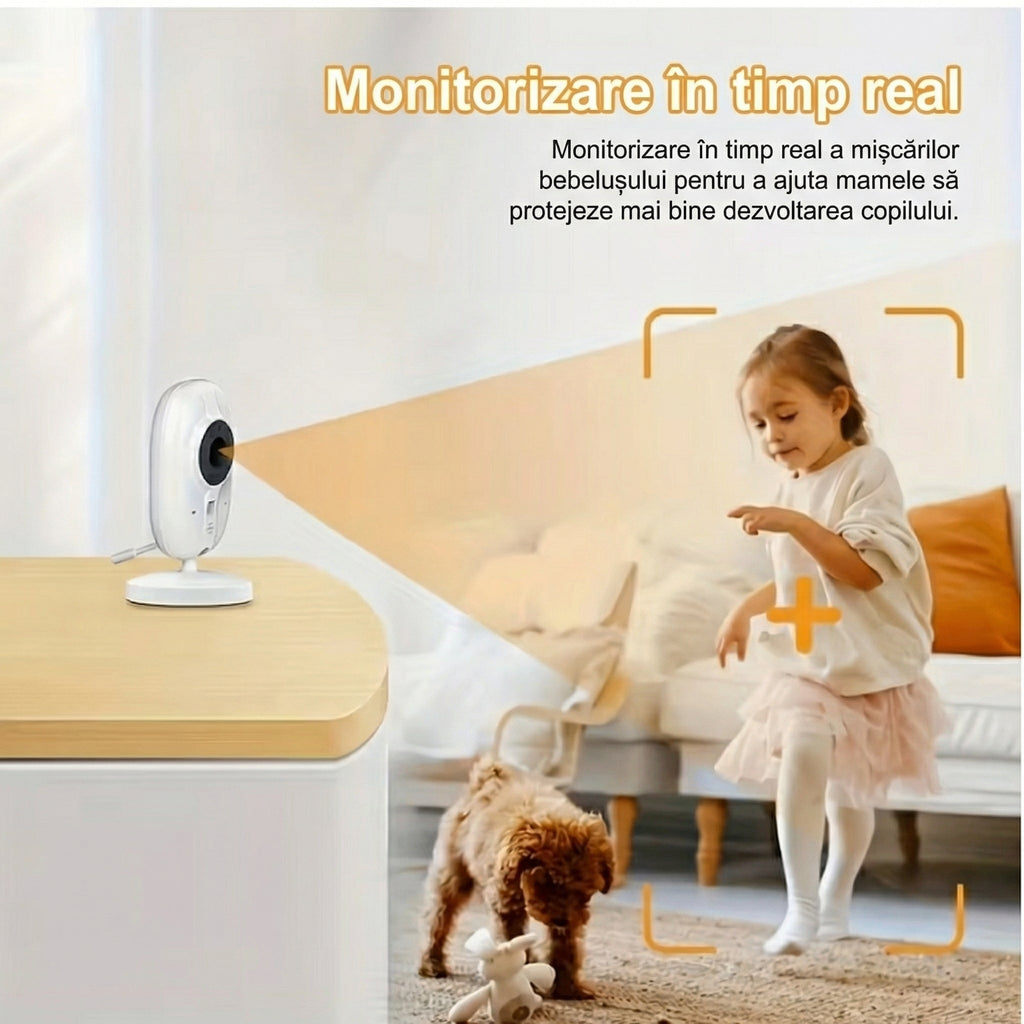 Monitor cu Cameră - Ecran HD 720P și Vedere Nocturnă, Cameră Video Wireless, Audio în 2 Direcții, Senzor de Temperatură, Cântece de Leagăn