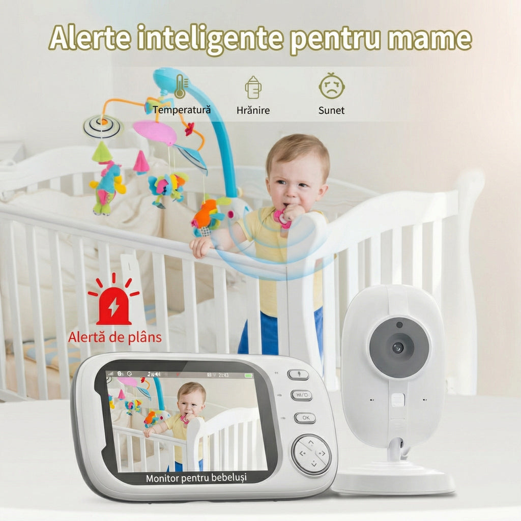 Monitor cu Cameră - Ecran HD 720P și Vedere Nocturnă, Cameră Video Wireless, Audio în 2 Direcții, Senzor de Temperatură, Cântece de Leagăn