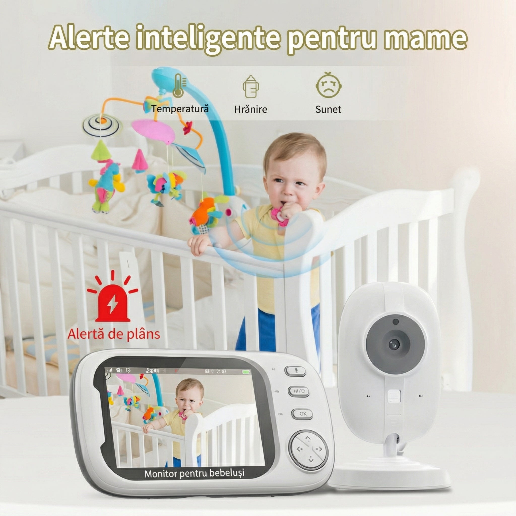 Monitor cu Cameră - Ecran HD 720P și Vedere Nocturnă, Cameră Video Wireless, Audio în 2 Direcții, Senzor de Temperatură, Cântece de Leagăn