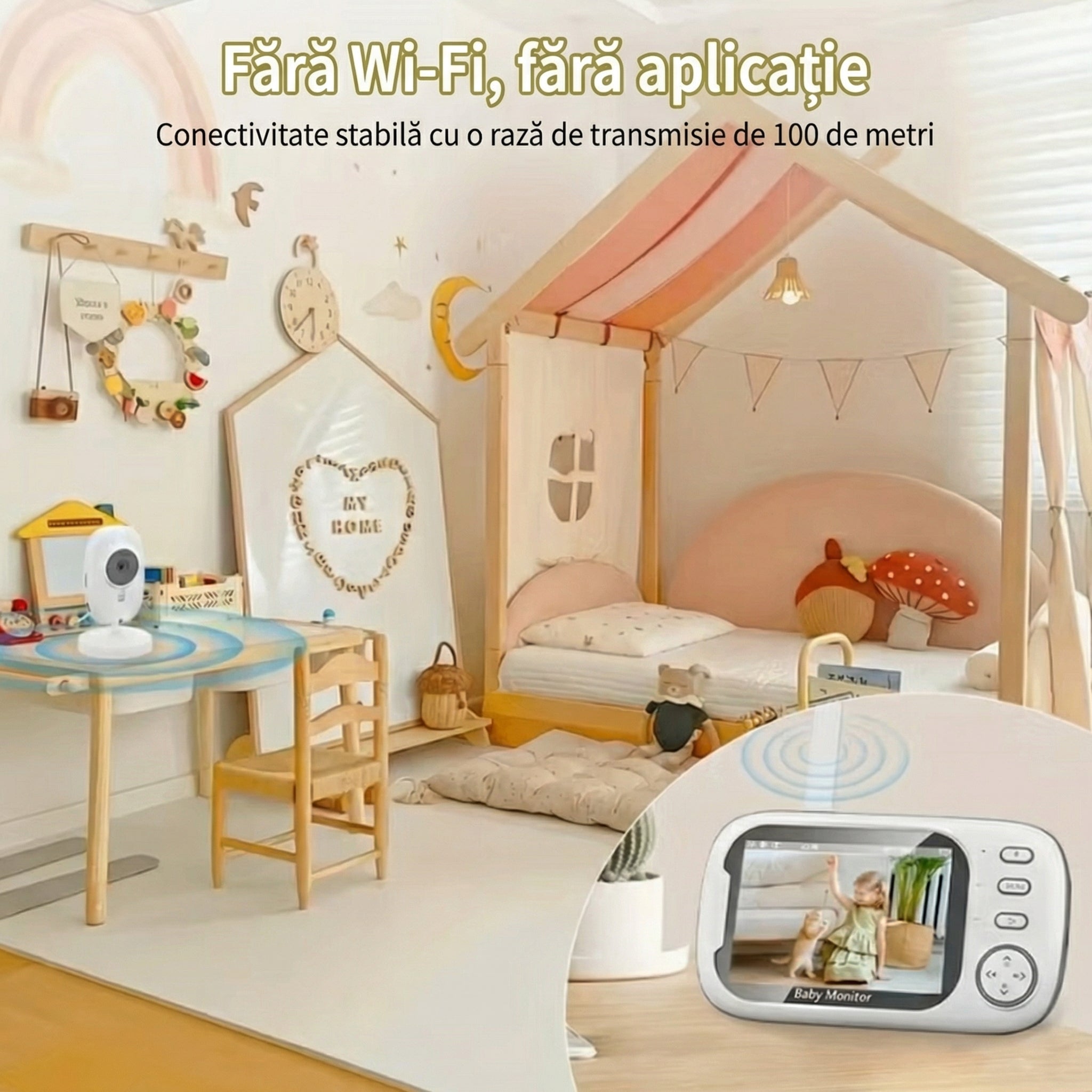Monitor cu Cameră - Ecran HD 720P și Vedere Nocturnă, Cameră Video Wireless, Audio în 2 Direcții, Senzor de Temperatură, Cântece de Leagăn