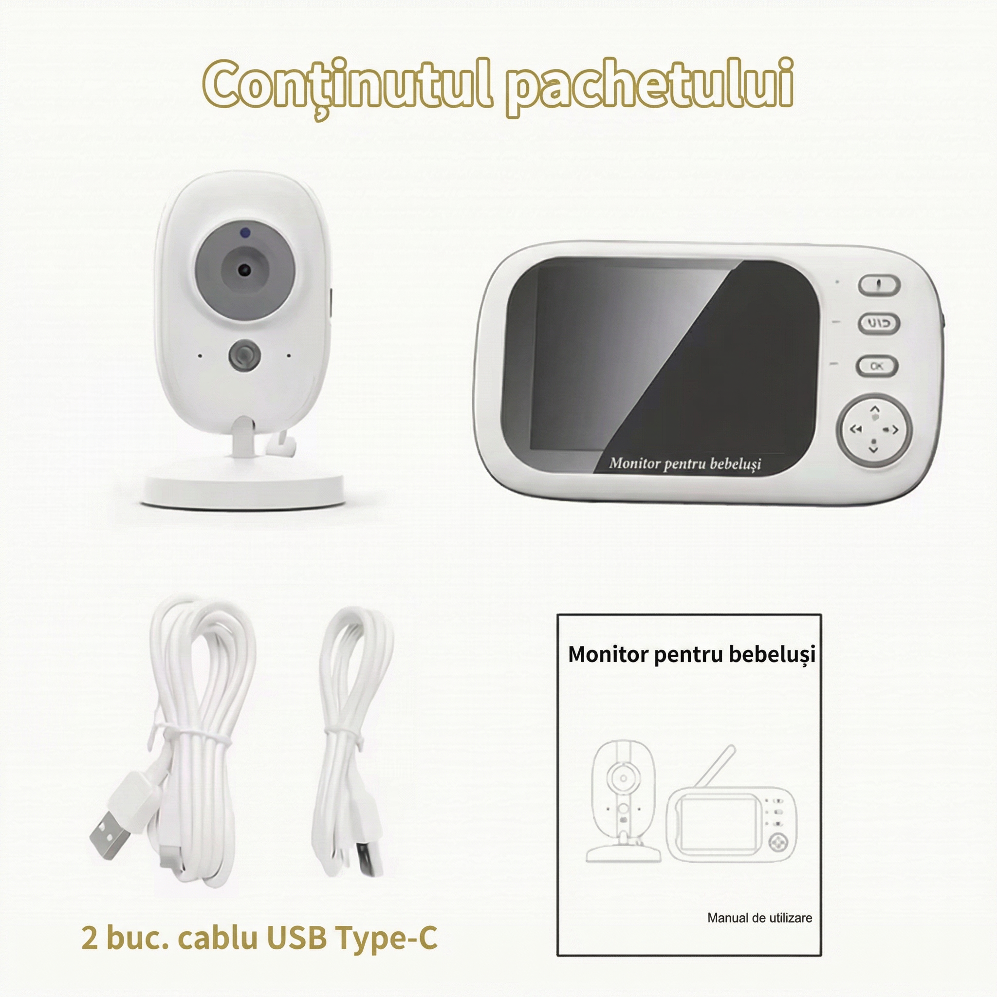 Monitor cu Cameră - Ecran HD 720P și Vedere Nocturnă, Cameră Video Wireless, Audio în 2 Direcții, Senzor de Temperatură, Cântece de Leagăn