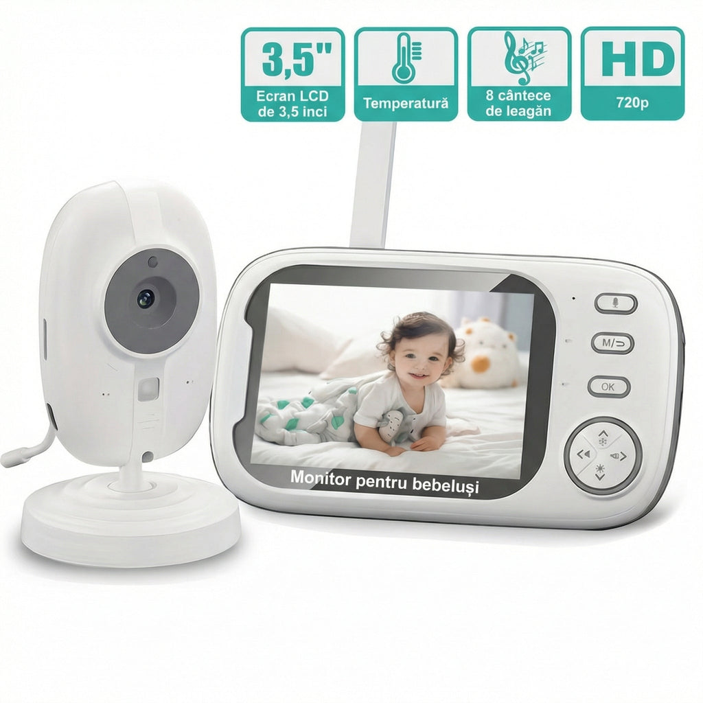 Monitor cu Cameră - Ecran HD 720P și Vedere Nocturnă, Cameră Video Wireless, Audio în 2 Direcții, Senzor de Temperatură, Cântece de Leagăn