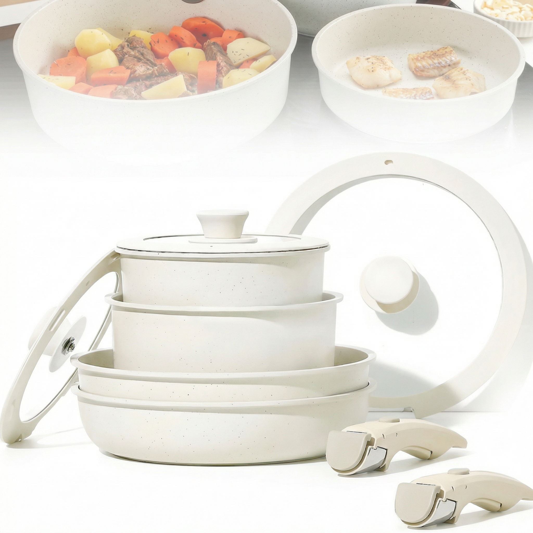 Set de Vase de Gatit 9 Piese,  Antiaderent, Termorezistent, Maner Detasabil, Dimensiuni 18/20/26 Cm, Pentru Plita, Cuptor si Aragaze pe Gaz